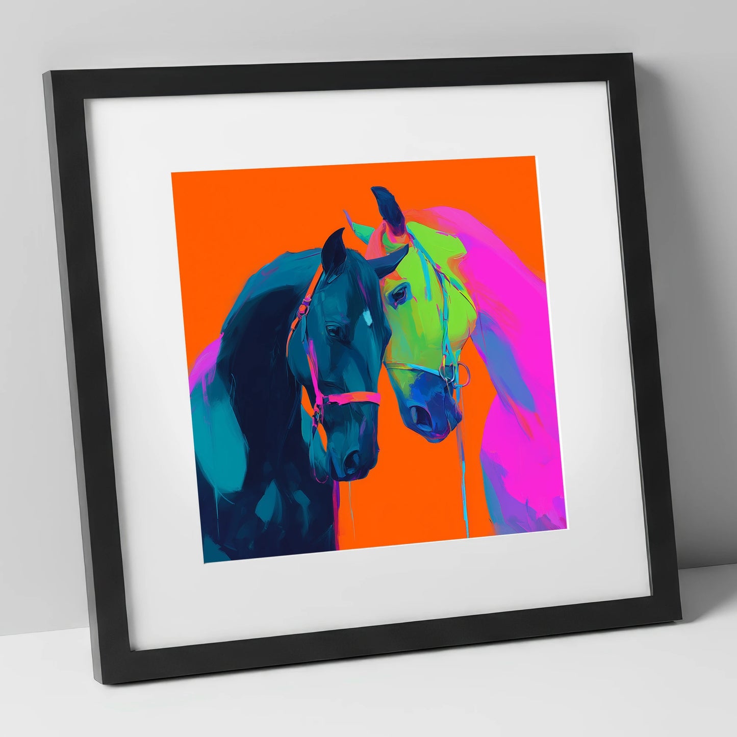 Electric Companions horse portrait art print in black frame