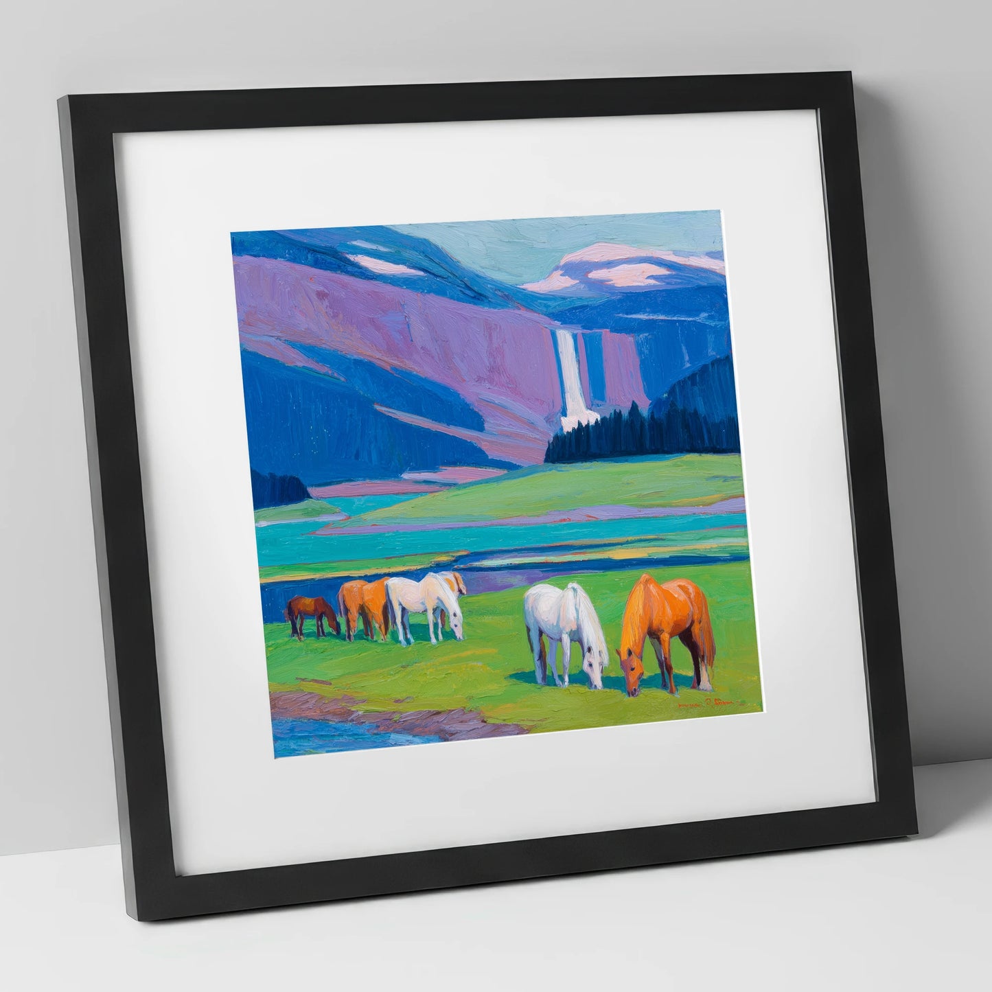 Waterfall Valley Pastures horse landscape art print in black frame