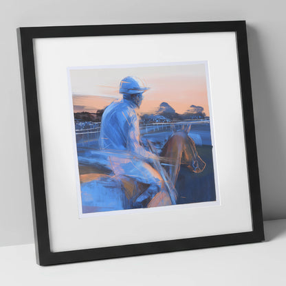 Dawn on the Gallops racing horse art print in black frame