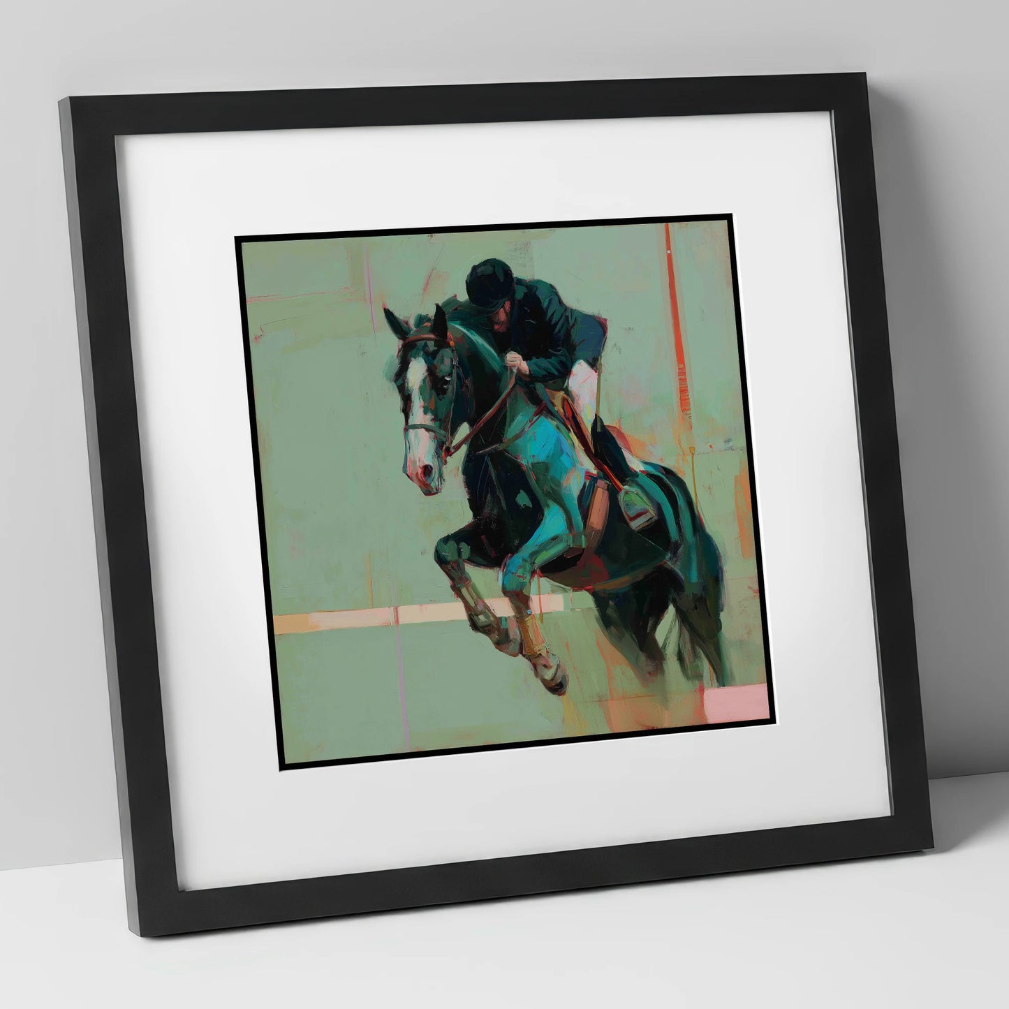 Airborne in Teal show jumping horse art print in black frame
