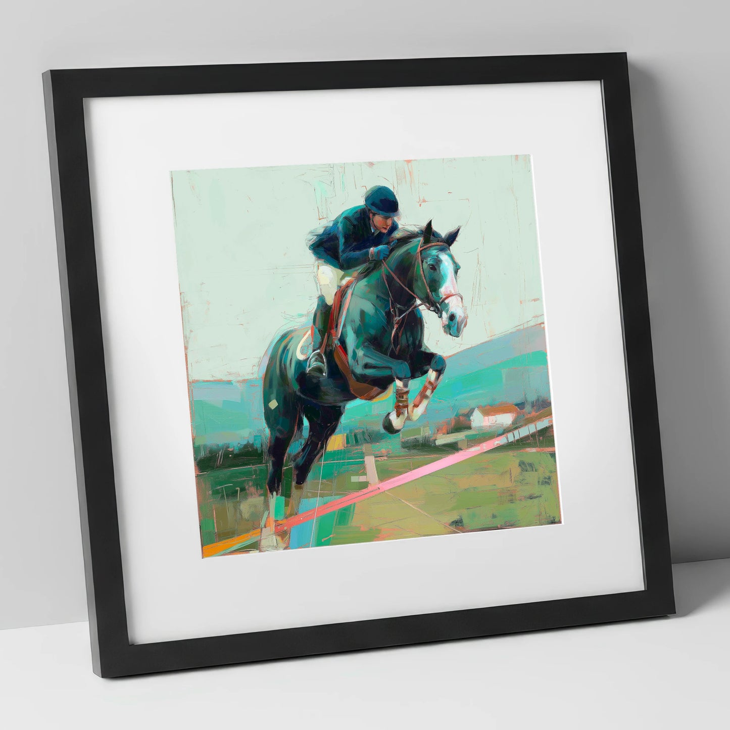 Midnight Flight show jumping horse art print in black frame