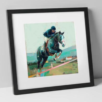 Midnight Flight show jumping horse art print in black frame