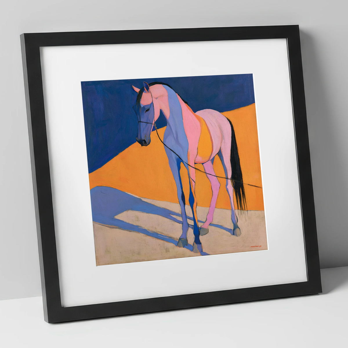 Pink and Blue Abstract Horse horse breed art print in black frame