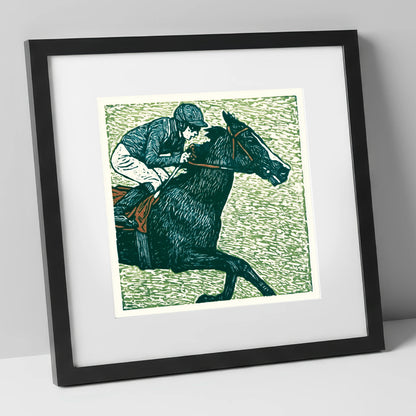 The Final Furlong racing horse art print in black frame