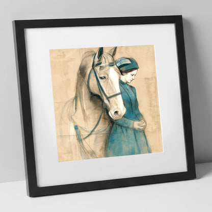Silent Bond horse & rider art print in black frame