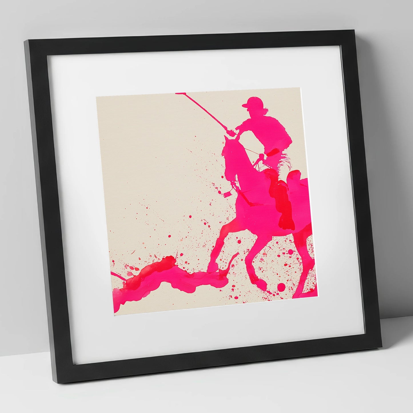 Vibrant Polo Strike polo horse art print in black frame