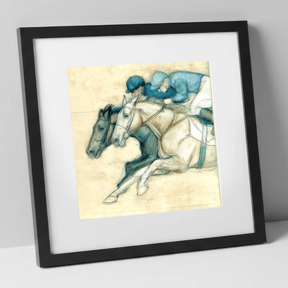 Neck and Neck racing horse art print in black frame