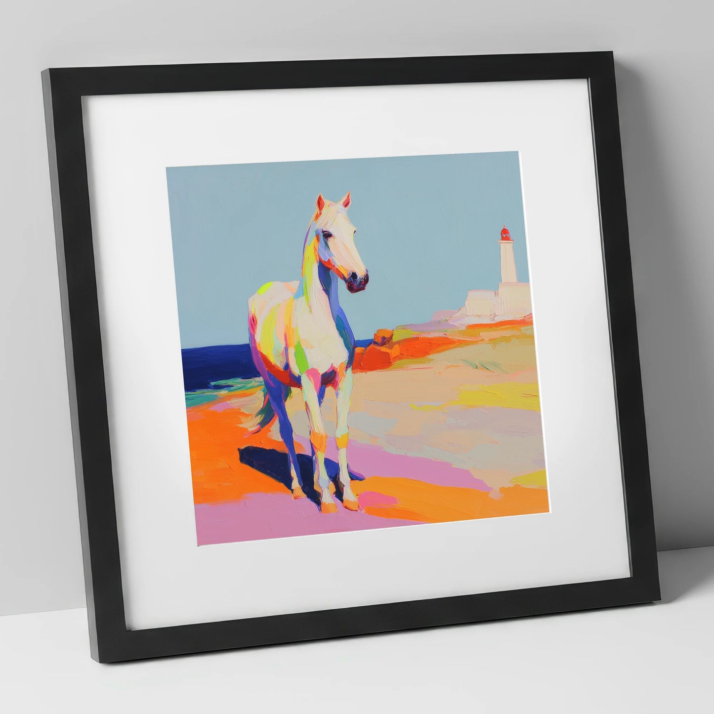 Vibrant Coastal Equine horse landscape art print in black frame