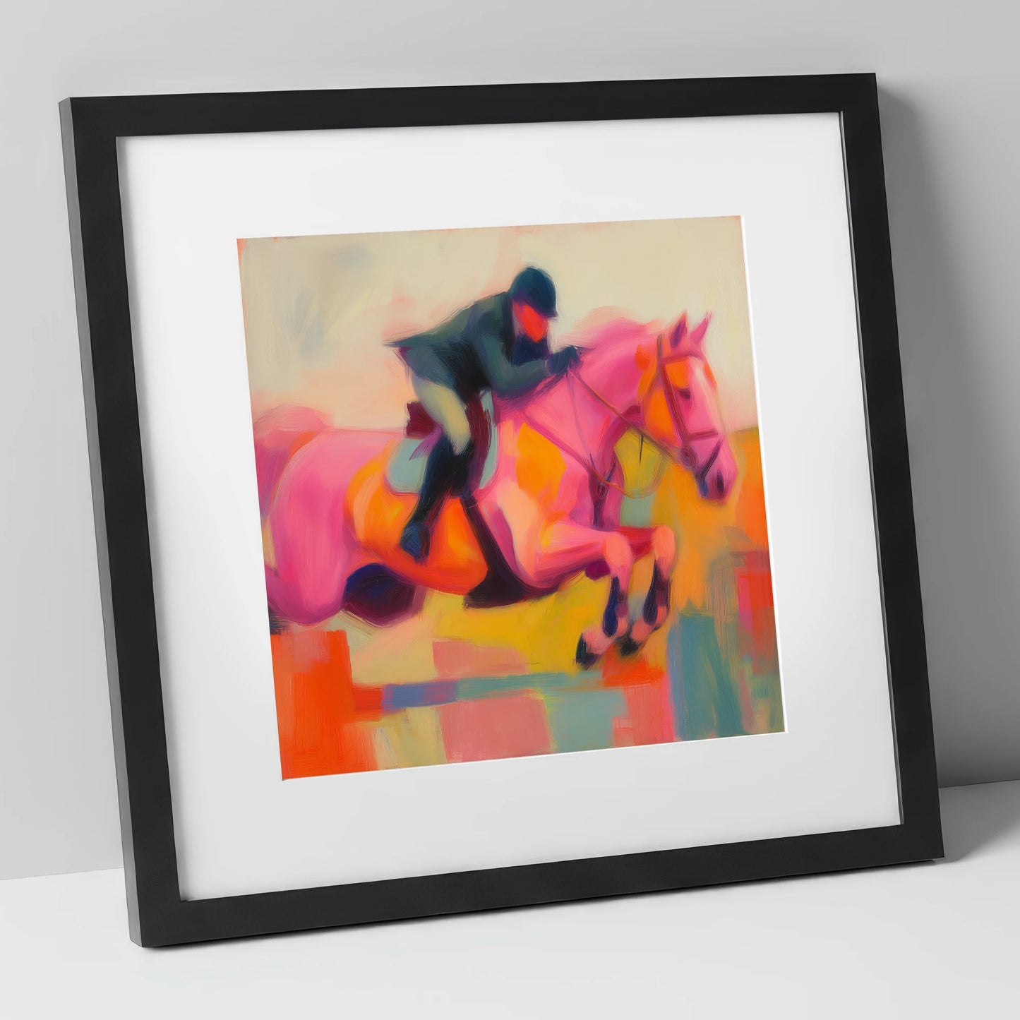 Vivid Ascent show jumping horse art print in black frame
