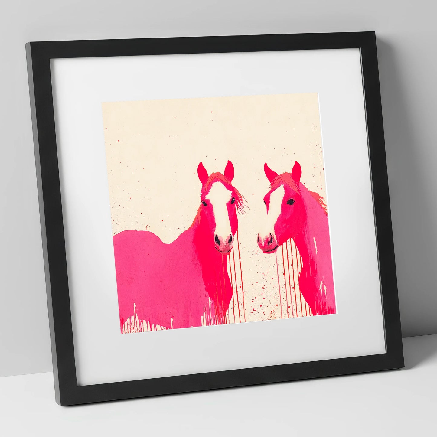 Vivid Pink Companions horse landscape art print in black frame