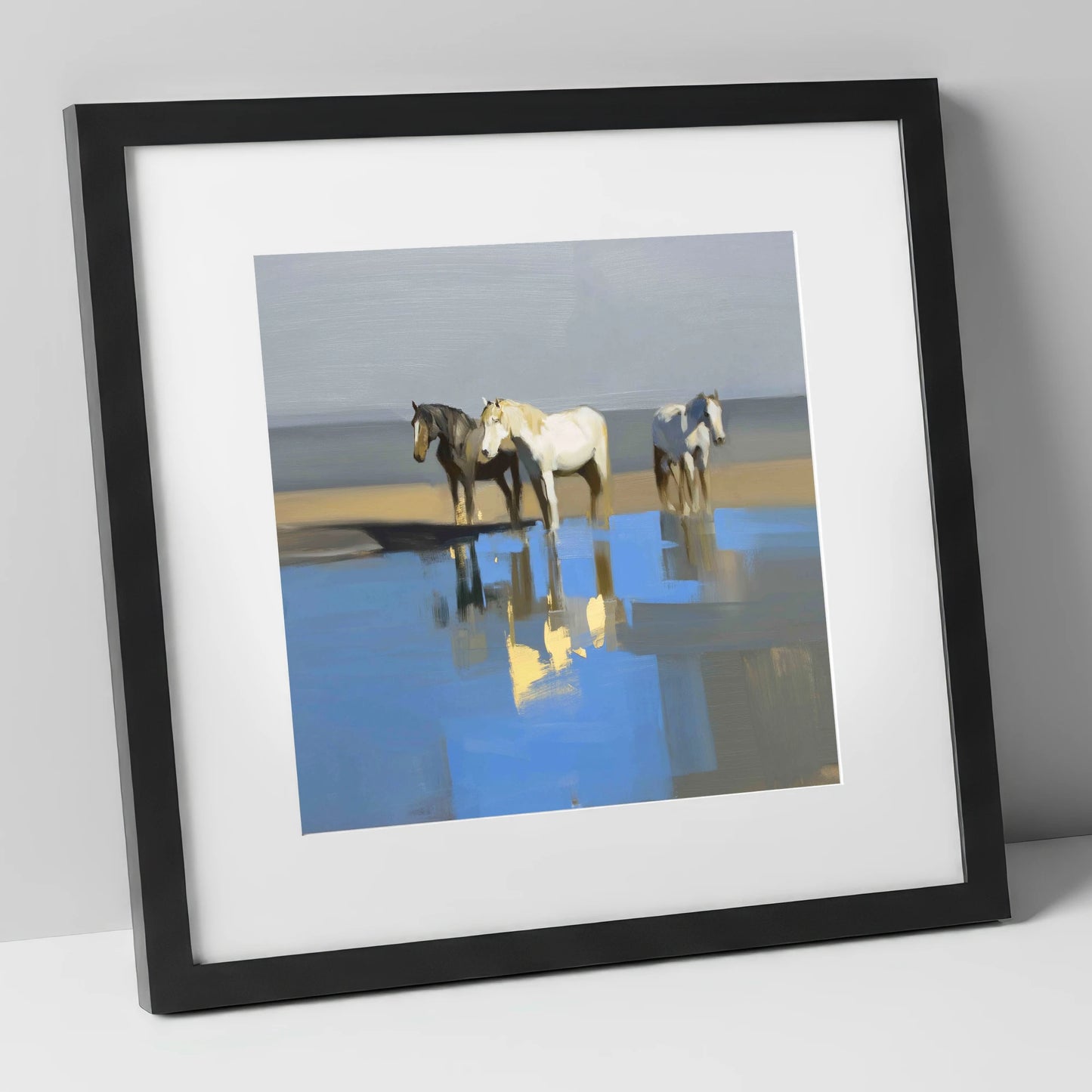 Azure Shore Reflections wild horses art print in black frame
