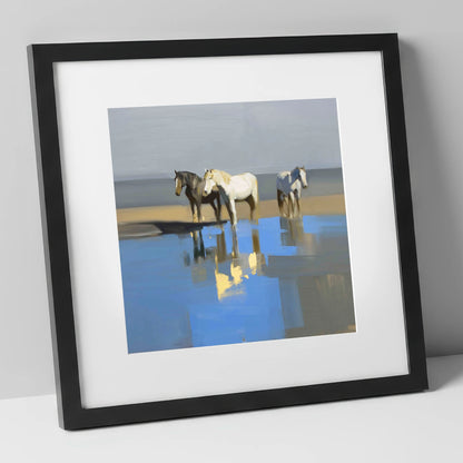 Azure Shore Reflections wild horses art print in black frame