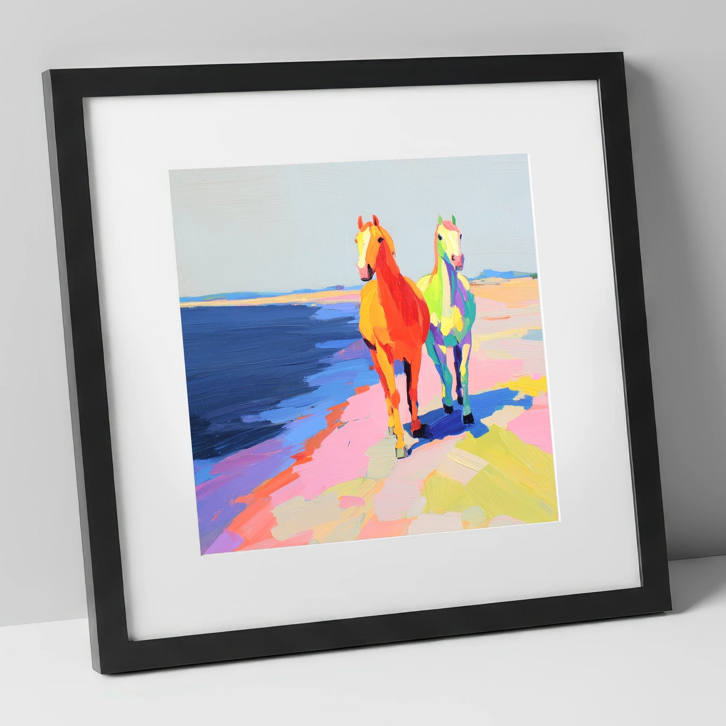 Vibrant Coastal Companions horse landscape art print in black frame