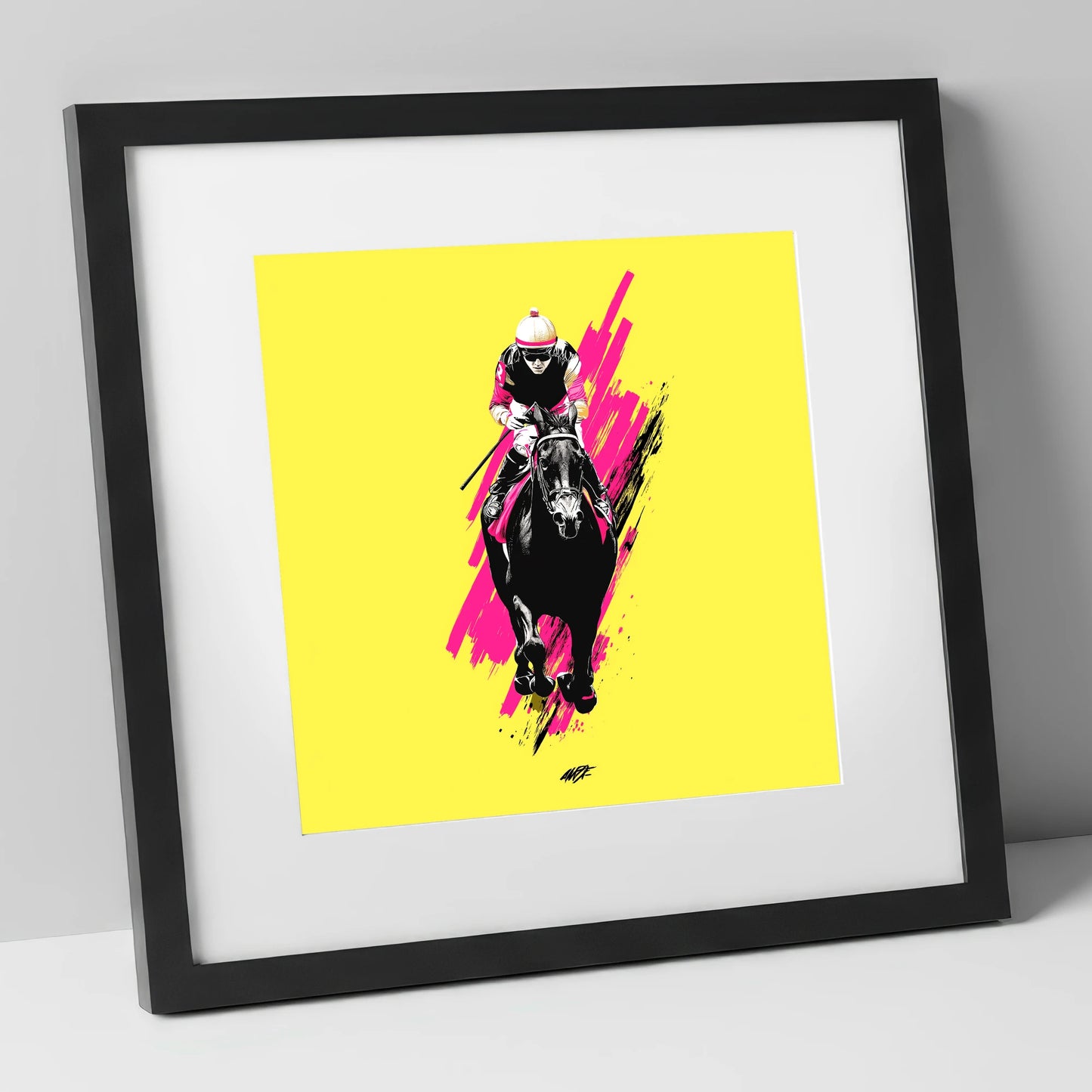 The Front Runner racing horse art print in black frame