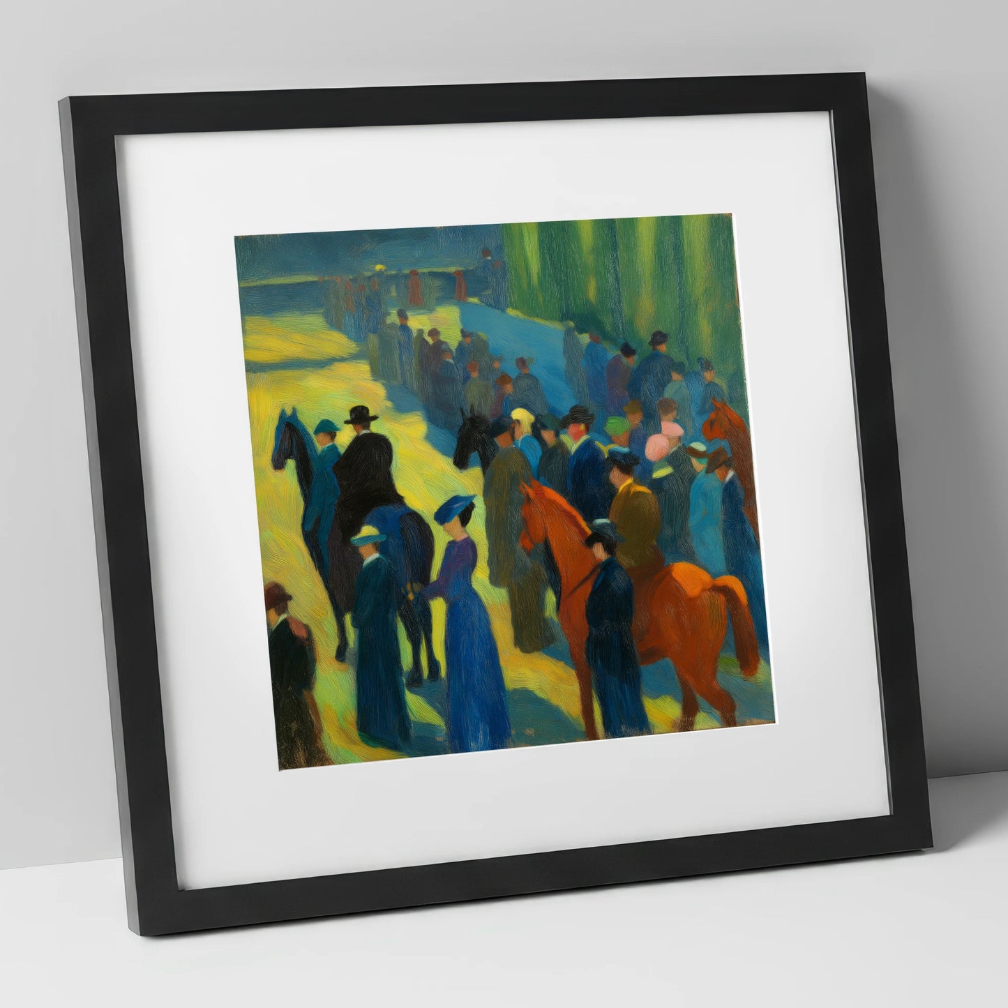 Paddock Gathering racing horse art print in black frame