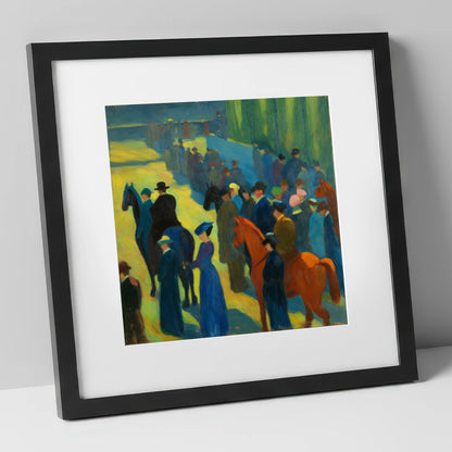 Paddock Gathering racing horse art print in black frame