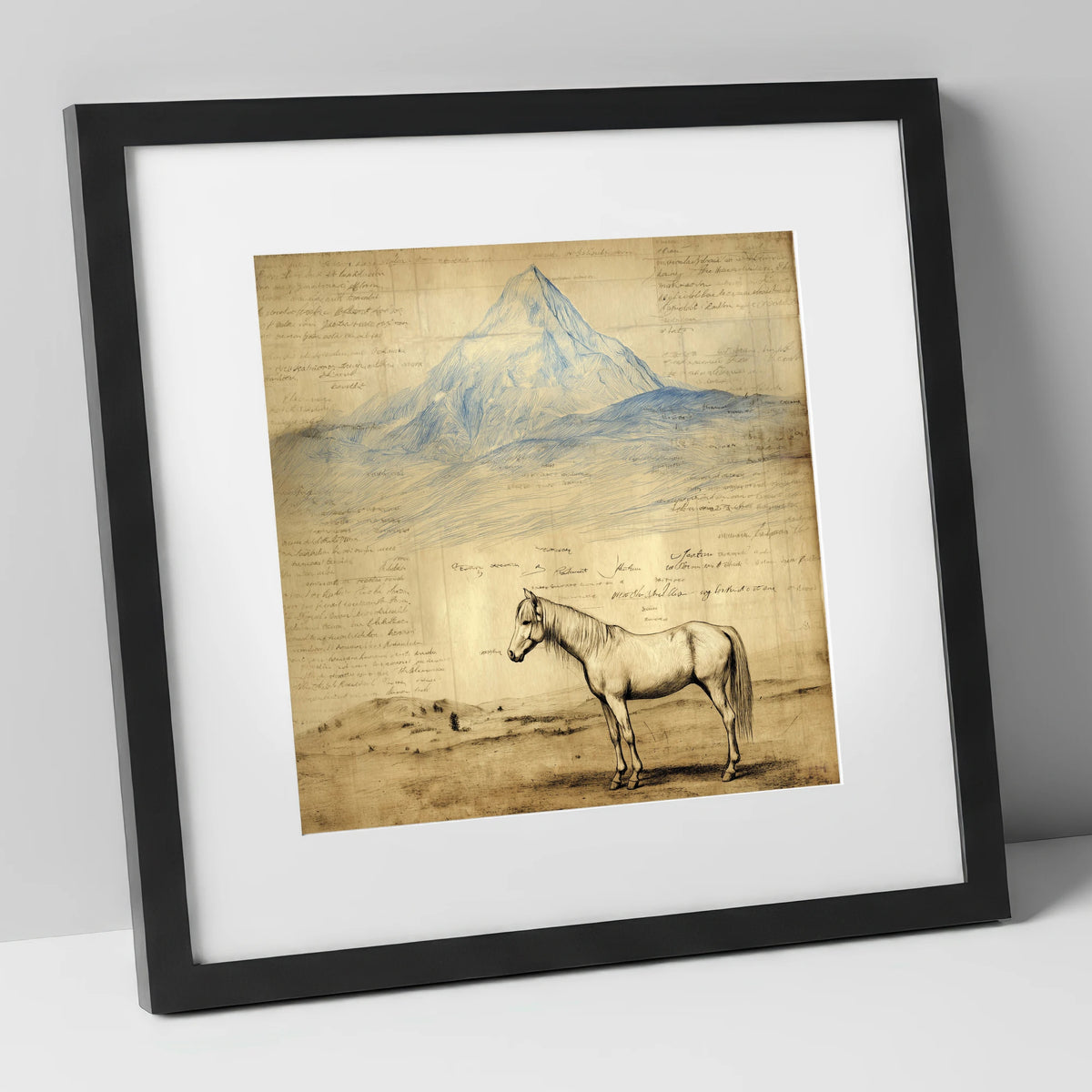 Alpine Journal Study horse landscape art print in black frame