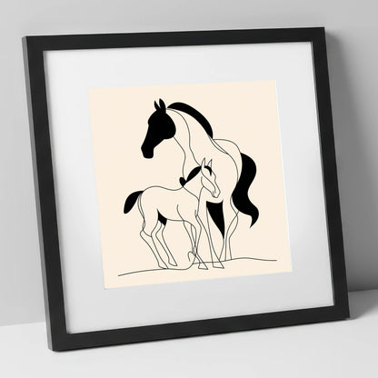 Tender Bond Line Art mare & foal art print in black frame