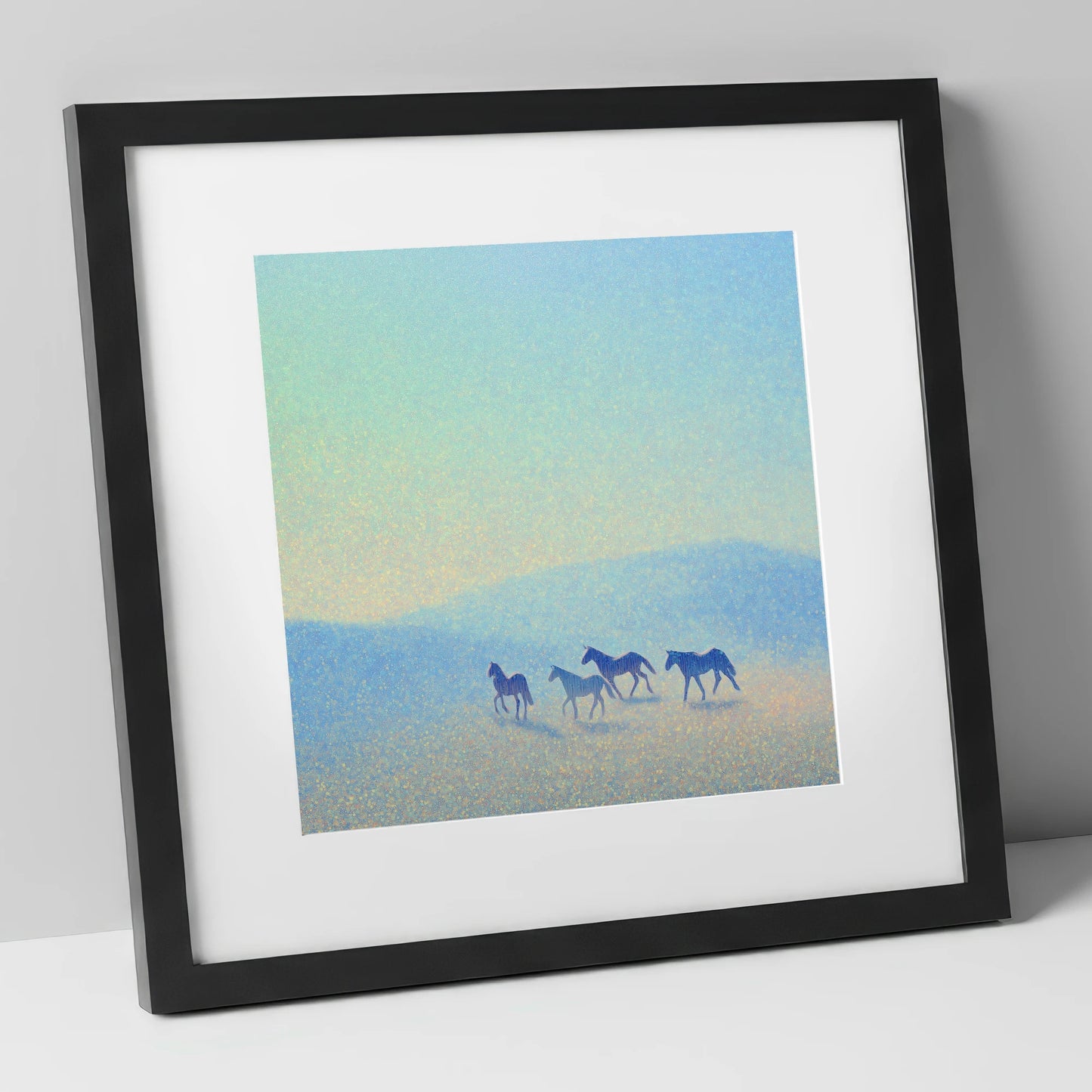 Ethereal Blue Herd wild horses art print in black frame