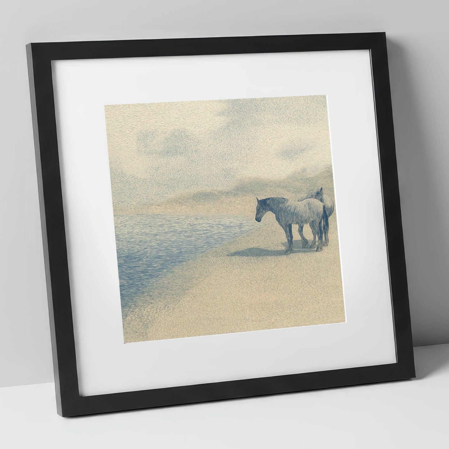 Coastal Companions horse landscape art print in black frame