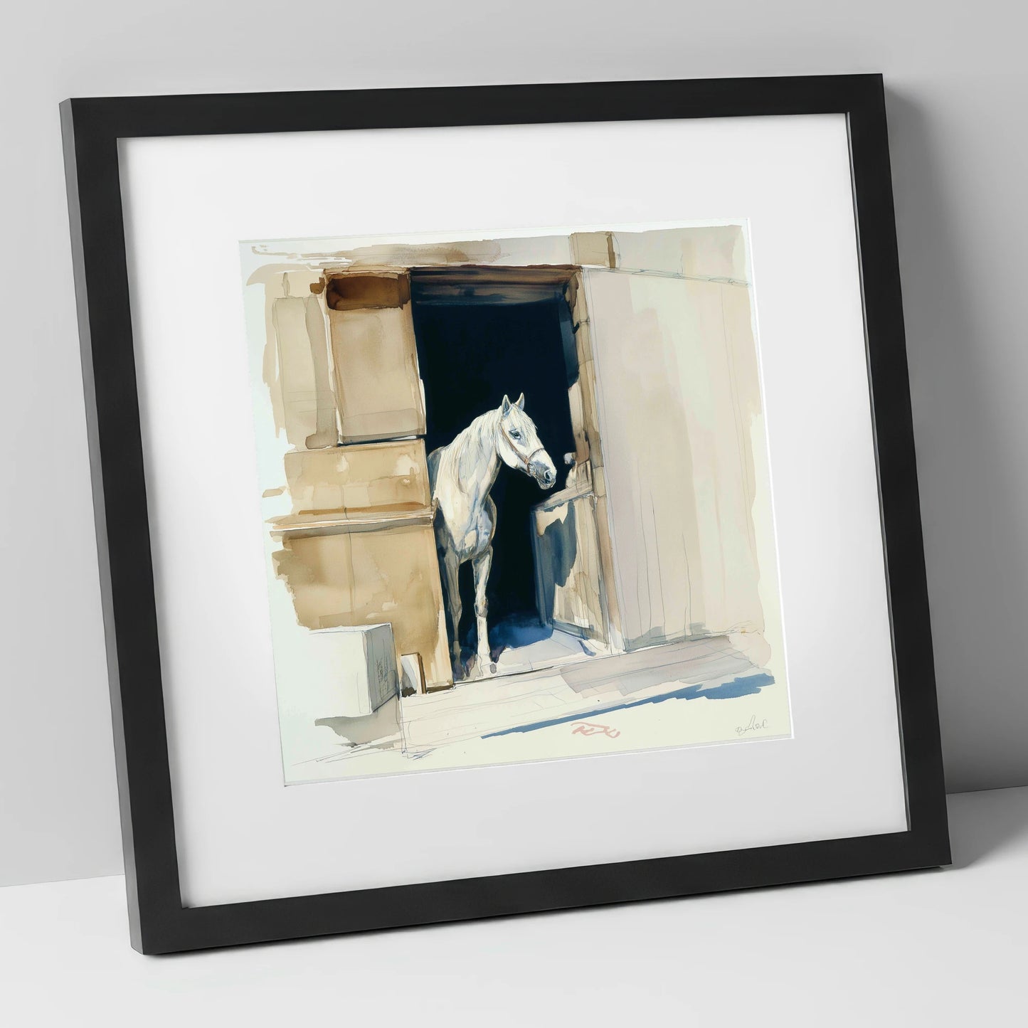 The Quiet Grey horse stable art print in black frame