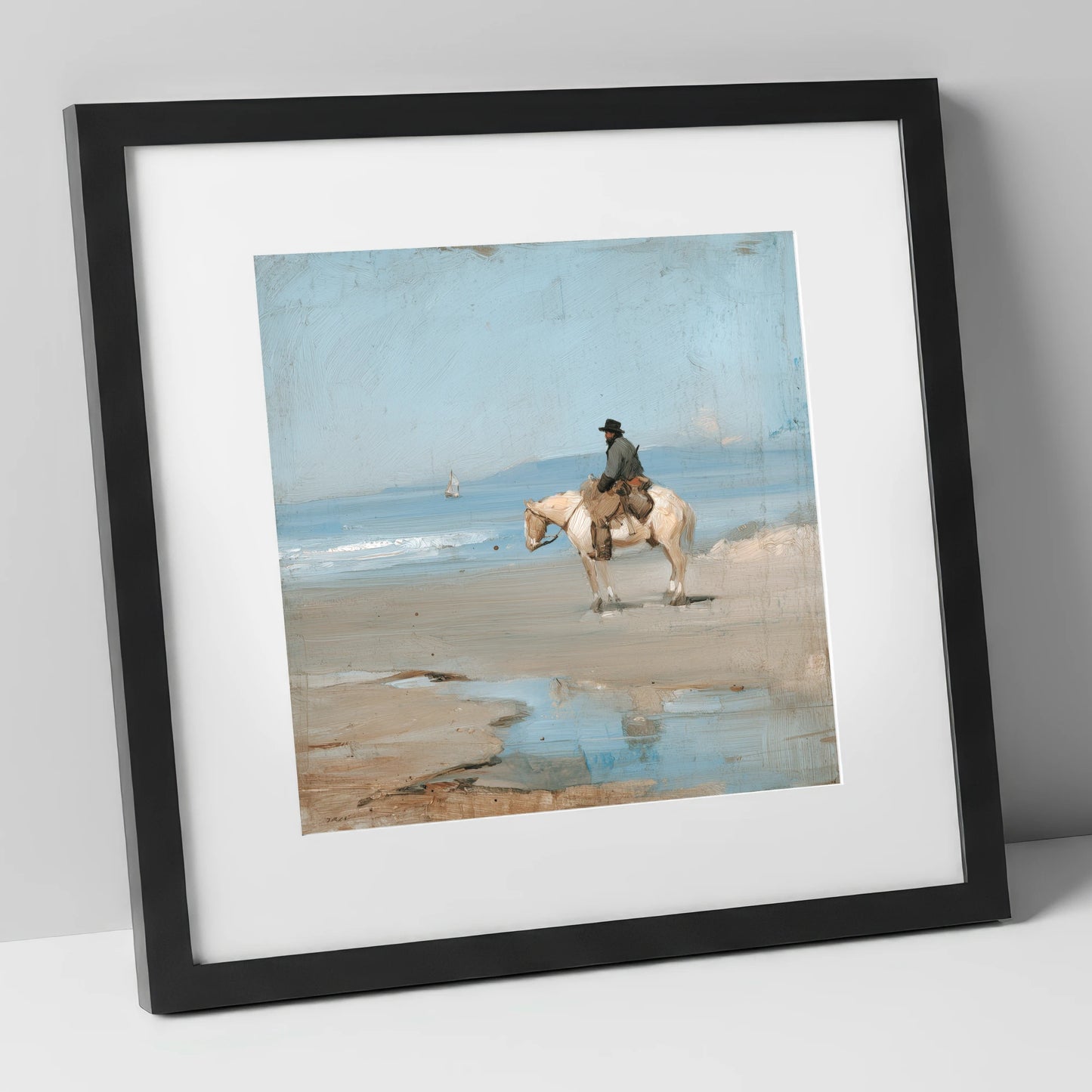 Coastal Hack at Low Tide horse landscape art print in black frame
