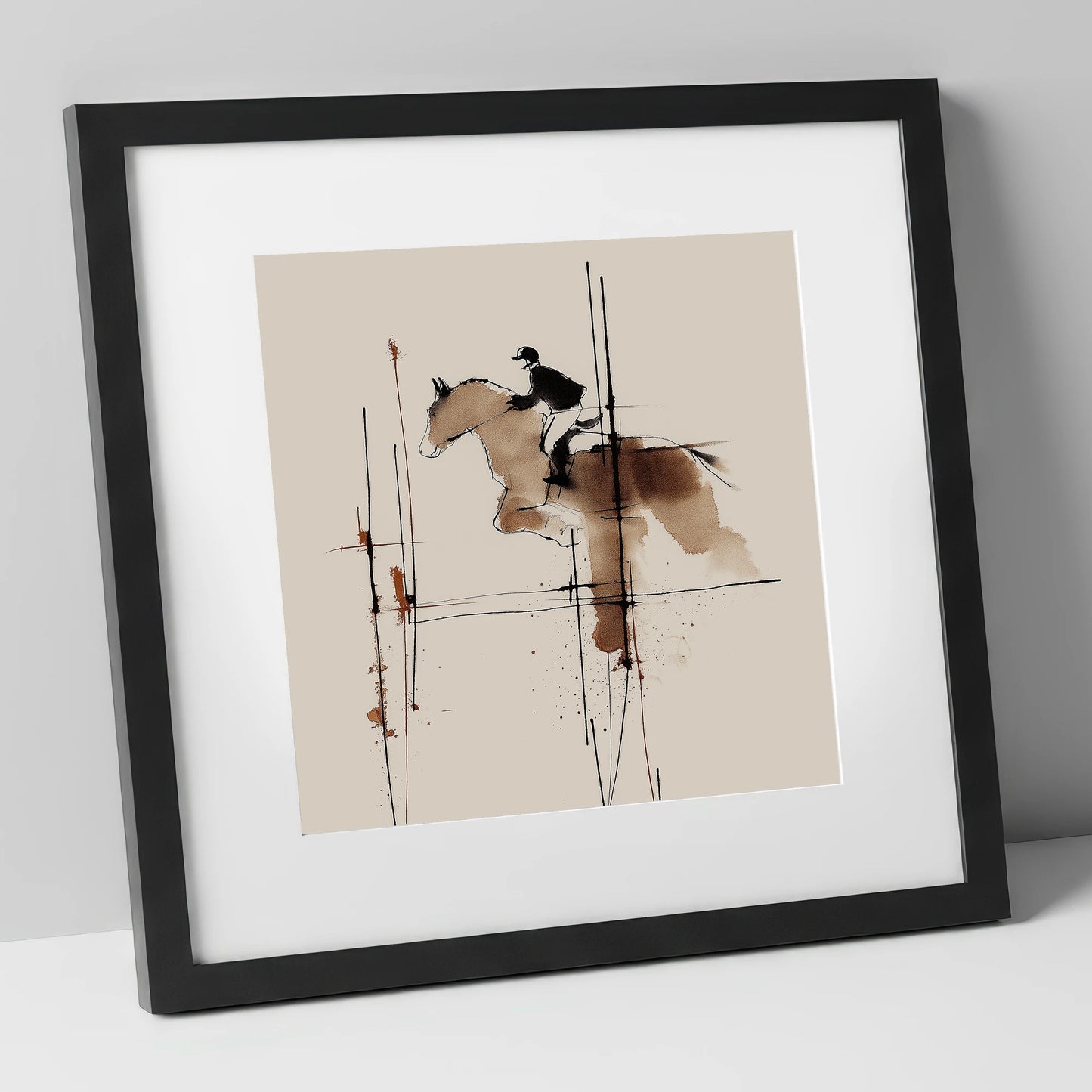 The Instant of Ascent show jumping horse art print in black frame