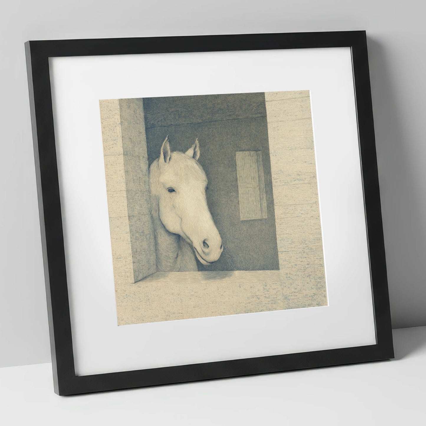 The Quiet Observer horse stable art print in black frame