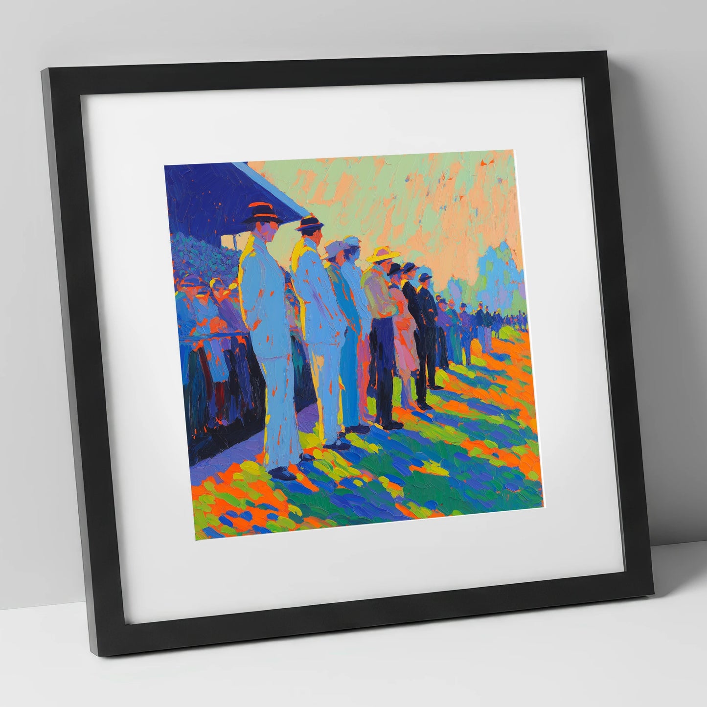 Trackside Anticipation racing horse art print in black frame