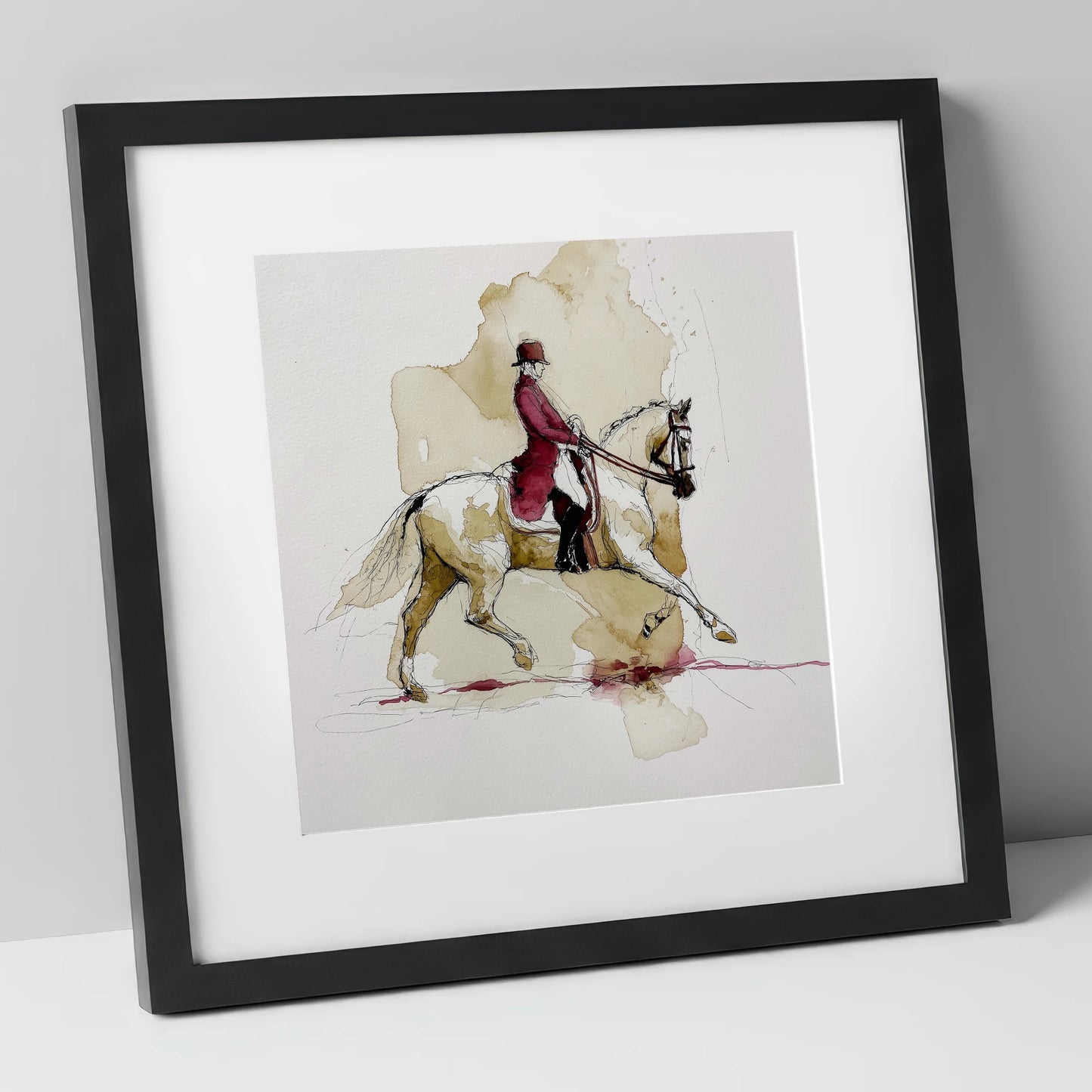 The Crimson Tailcoat dressage horse art print in black frame