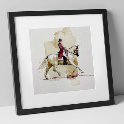 The Crimson Tailcoat dressage horse art print in black frame