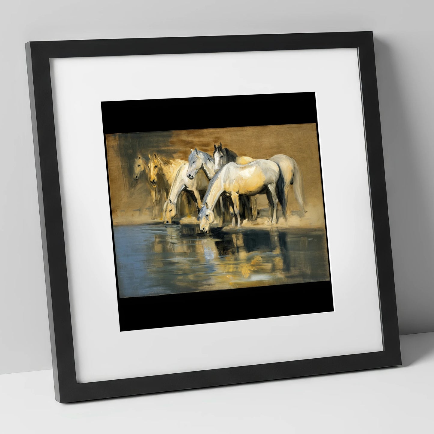 Reflections of the Herd wild horses art print in black frame