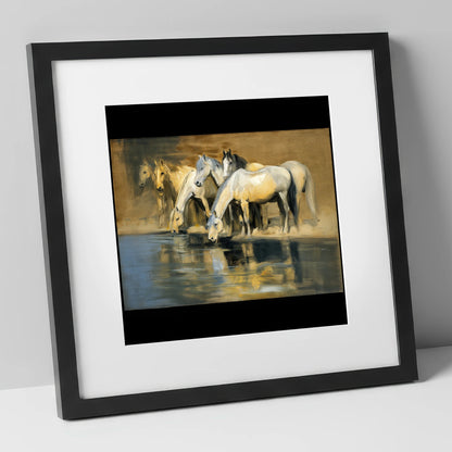 Reflections of the Herd wild horses art print in black frame