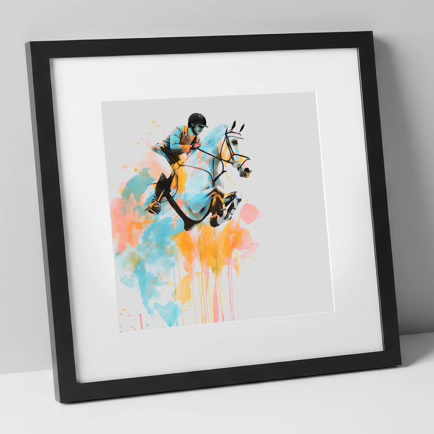 Suspended in Colour show jumping horse art print in black frame