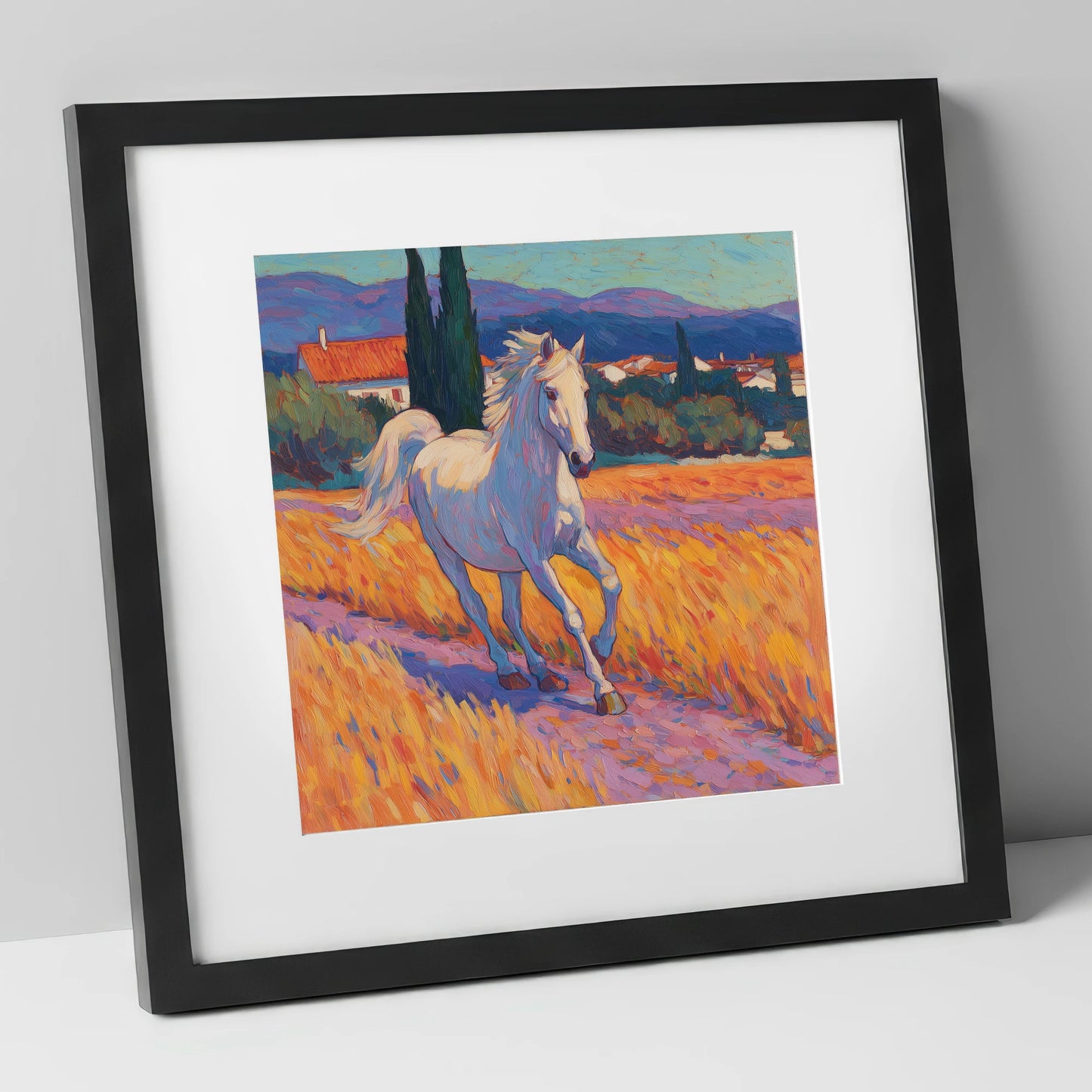 Sunlit Provincial Grey horse breed art print in black frame
