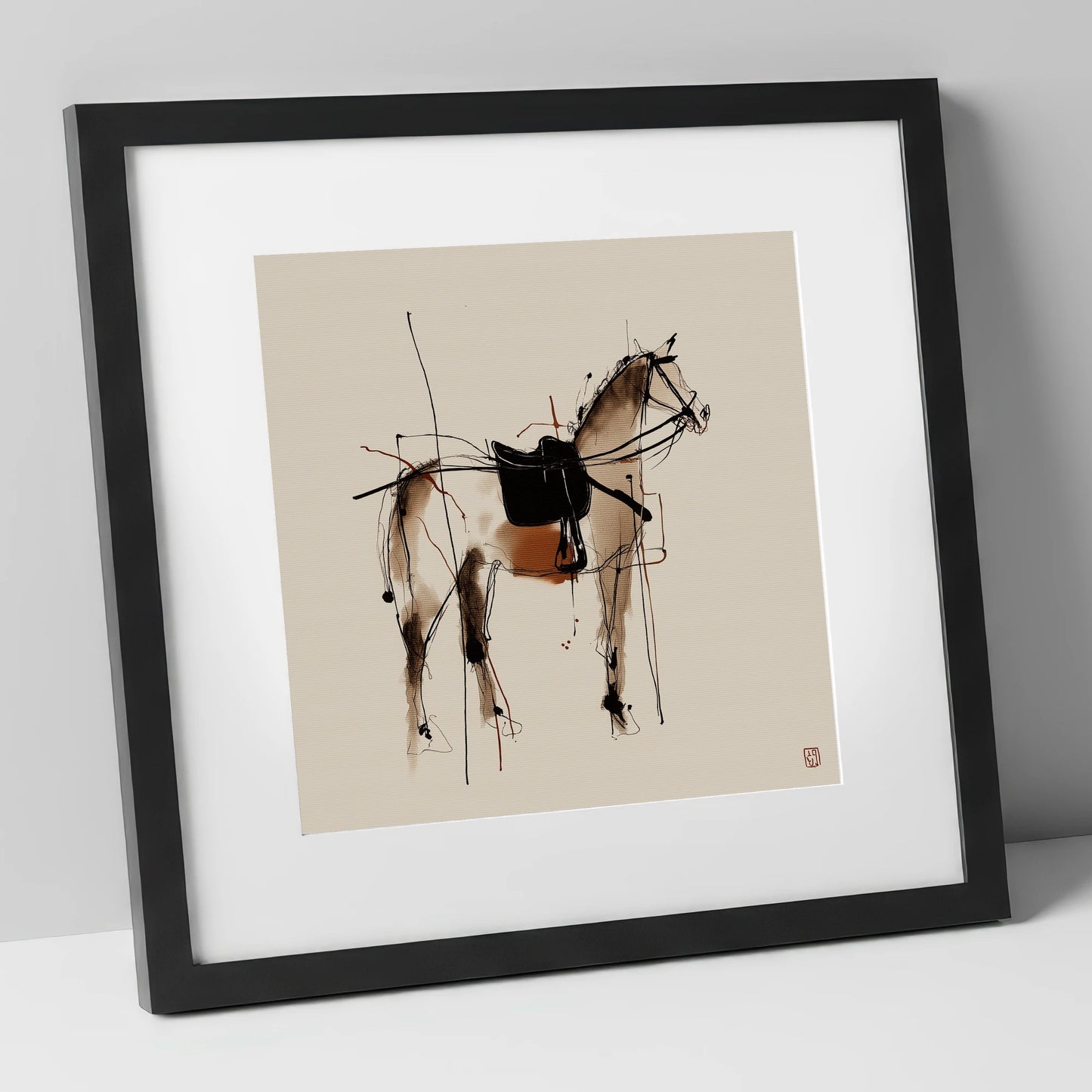 Saddled Equine Silhouette horse portrait art print in black frame