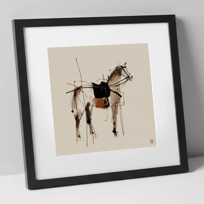 Saddled Equine Silhouette horse portrait art print in black frame