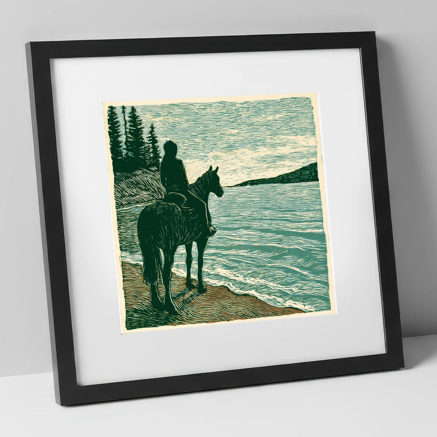 Coastal Solitude beach horse art print in black frame