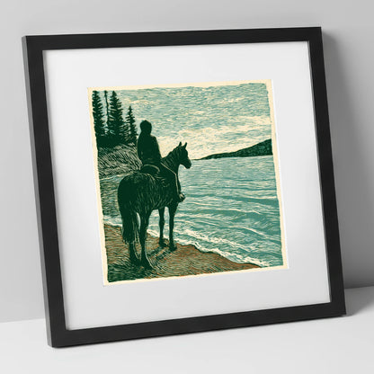 Coastal Solitude beach horse art print in black frame