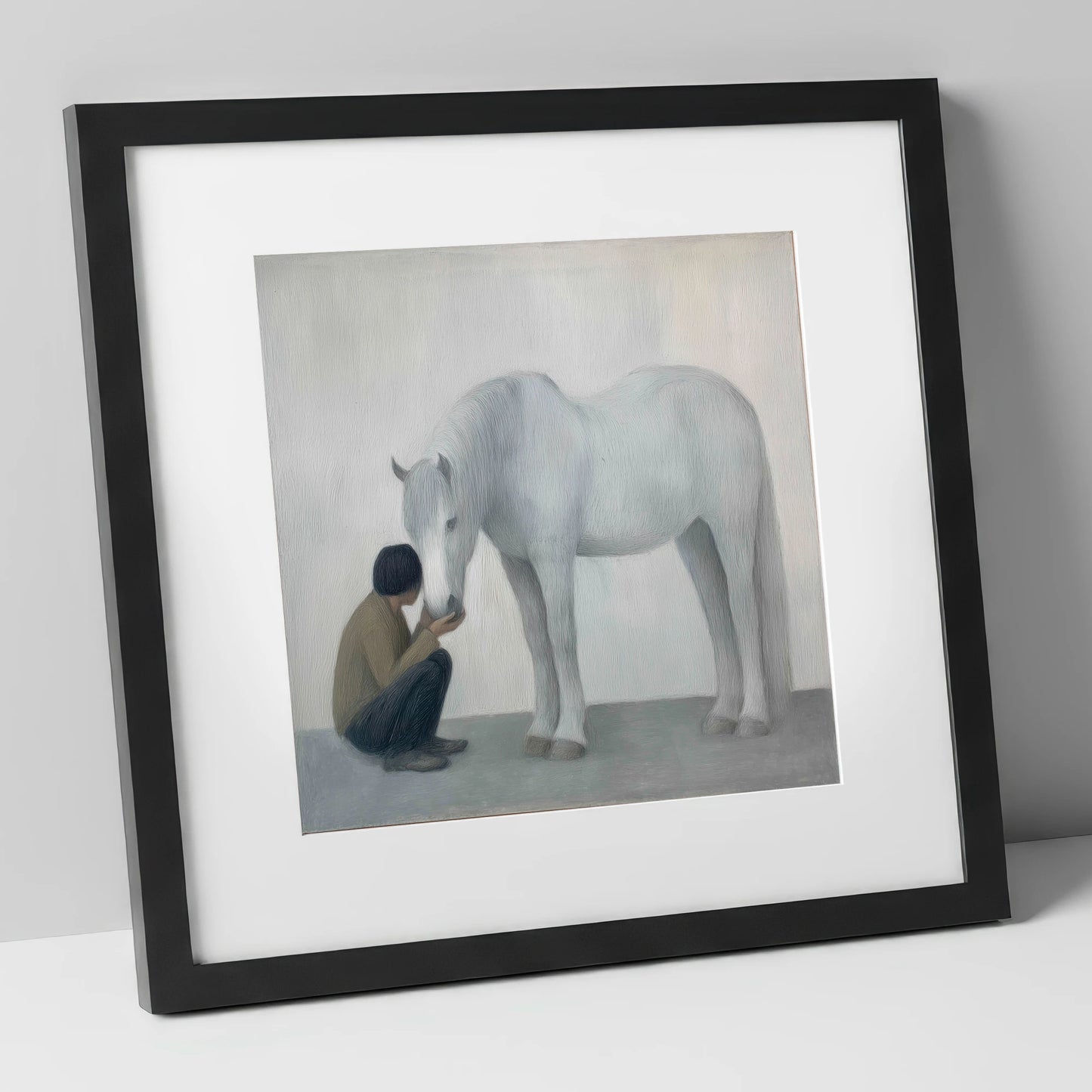 The Quiet Connection horse & rider art print in black frame
