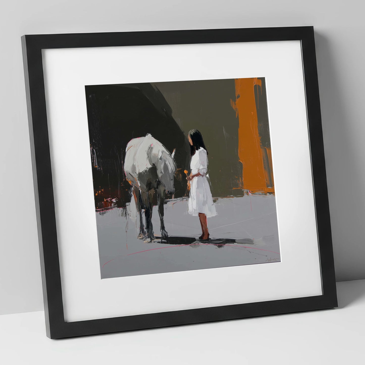 Silent Dialogue horse & rider art print in black frame