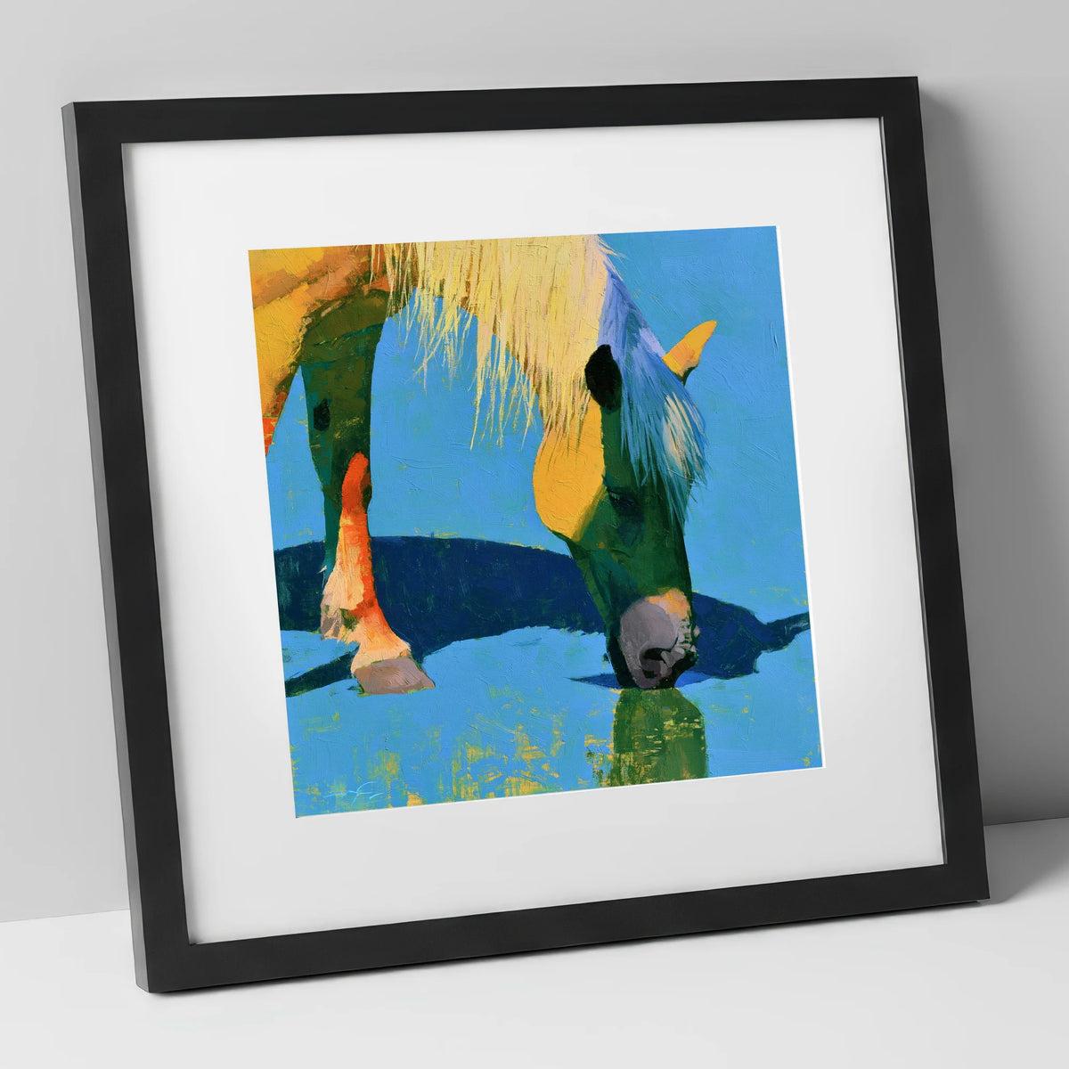 Vibrant Horse Drinking Water horse breed art print in black frame