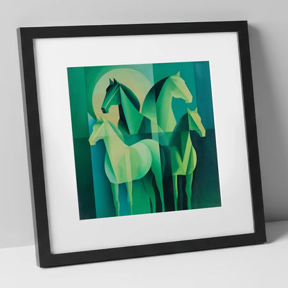 Emerald Herd Harmony wild horses art print in black frame