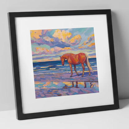 Vivid Coastal Solitude horse landscape art print in black frame