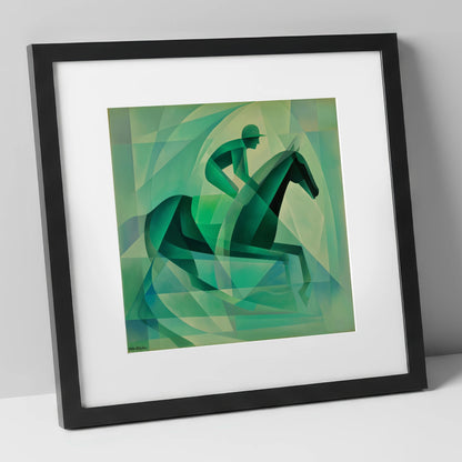 Verdant Stride racing horse art print in black frame