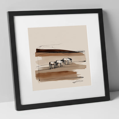 Minimalist Sepia Herd wild horses art print in black frame