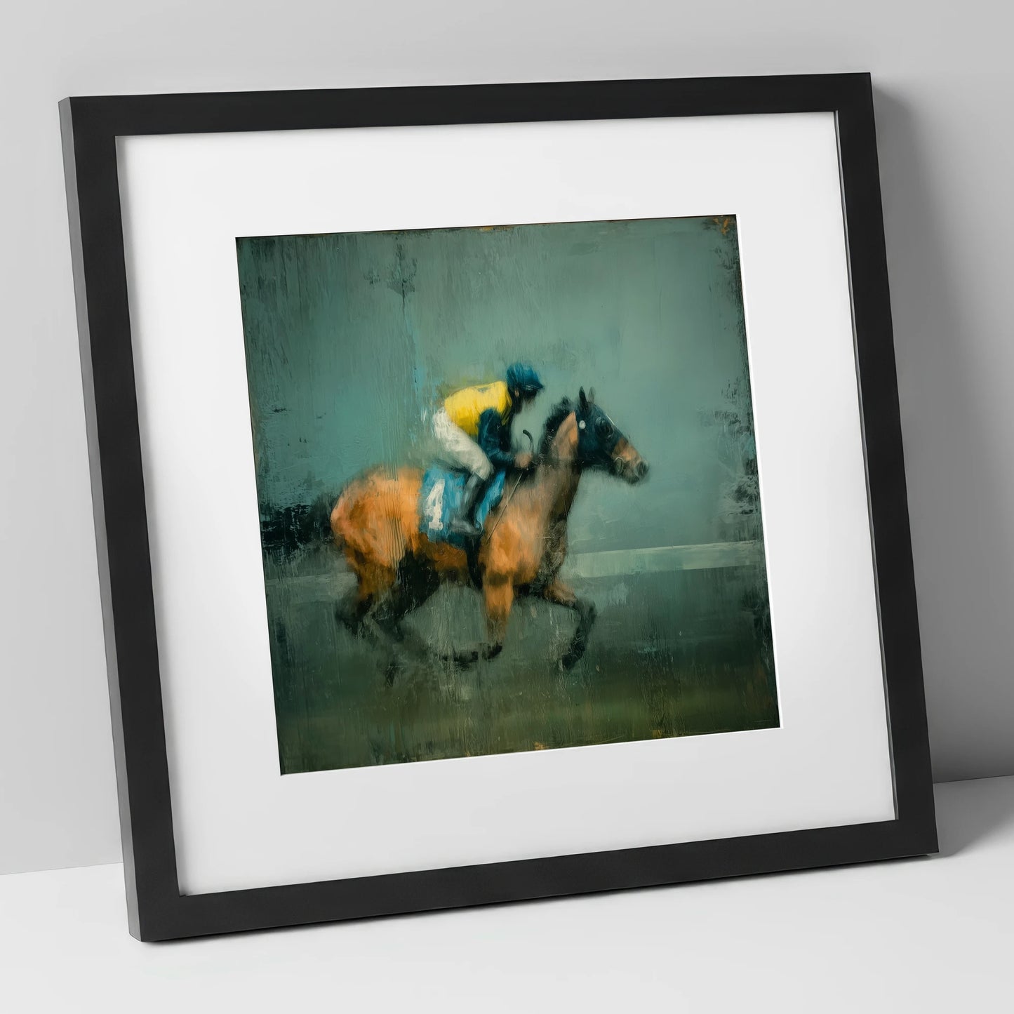 Out of the Shadows racing horse art print in black frame