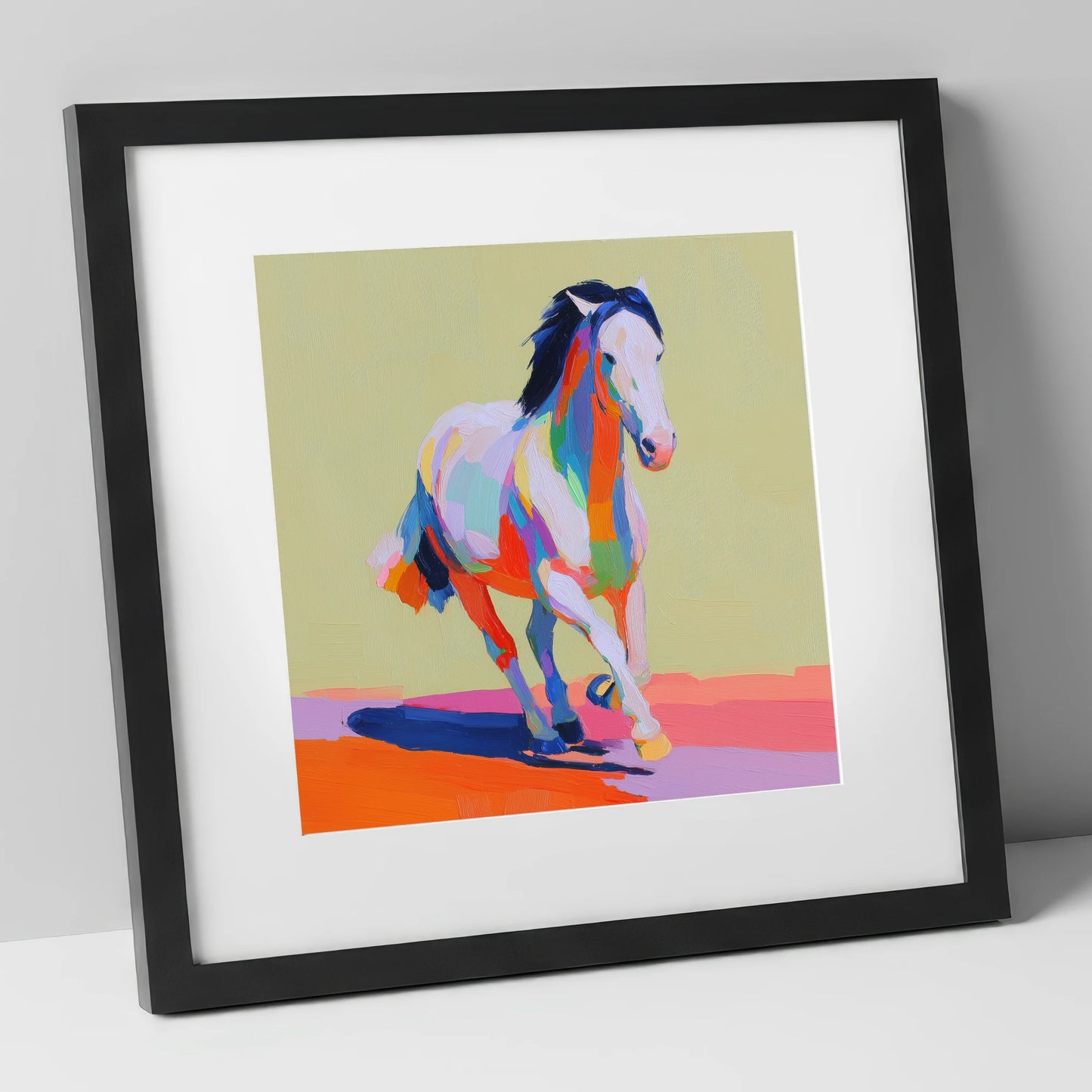 Technicolour Canter horse breed art print in black frame