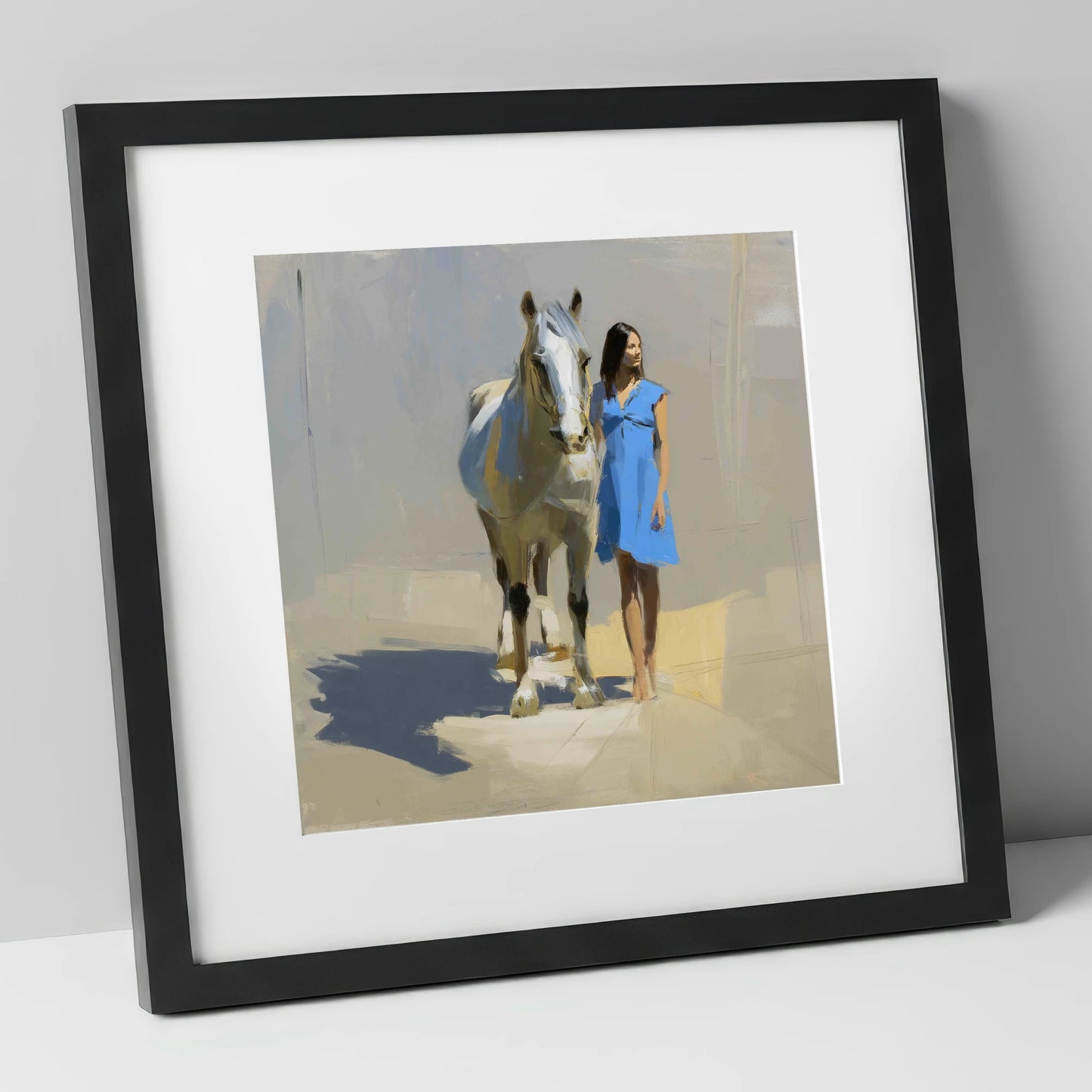 Sunlit Serenity horse & rider art print in black frame