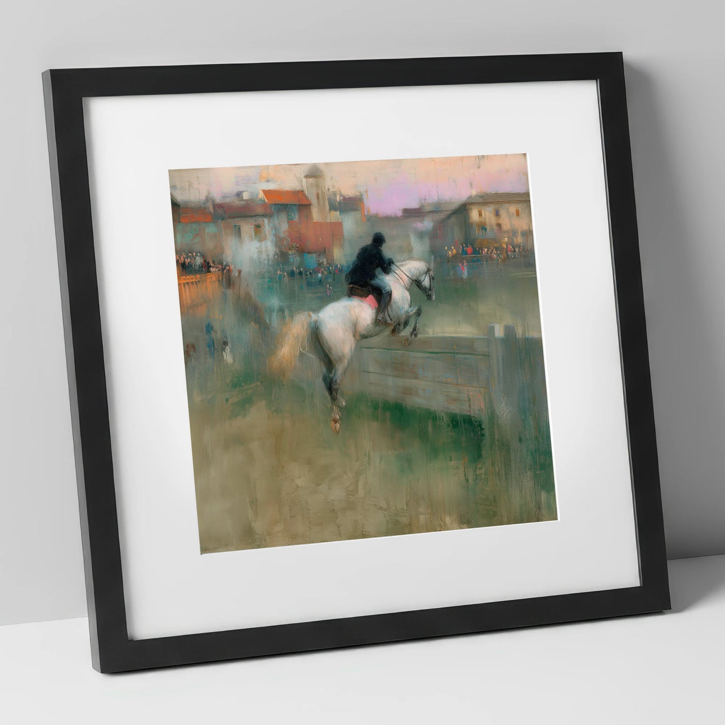 Over the Village Timber show jumping horse art print in black frame